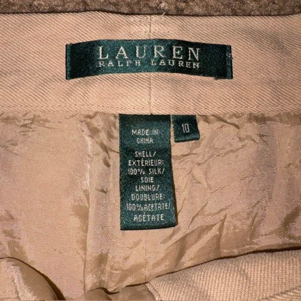 Lauren Ralph Lauren Silk Trouser Pants Khaki Pleated Wide Leg Tan 10 - Picture 7 of 7
